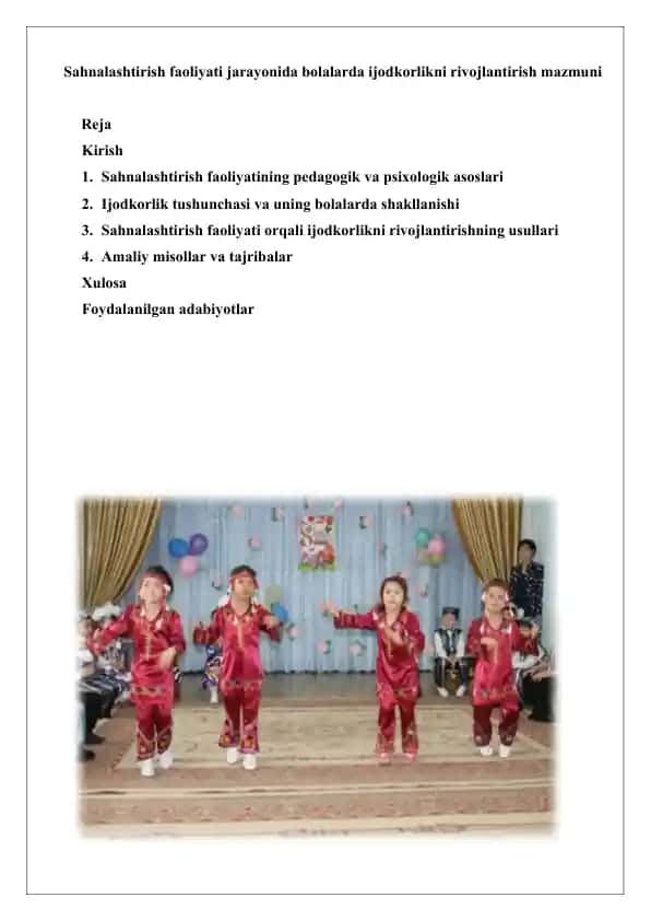 Sahnalashtirish faoliyati jarayonida bolalarda ijodkorlikni rivojlantirish mazmuni