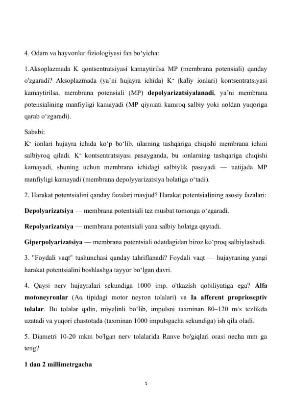Odam va hayvonlar fiziologiyasi fan boʻyicha