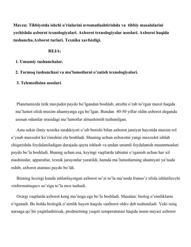 Axborot texnologiyalari Tibbiyotda