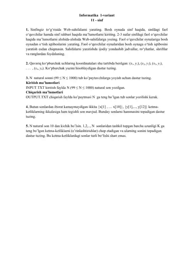 Informatika 1-variant 11-sinf