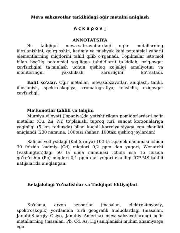 Meva sabzavotlar tarkibidagi oģir metalni aniqlash