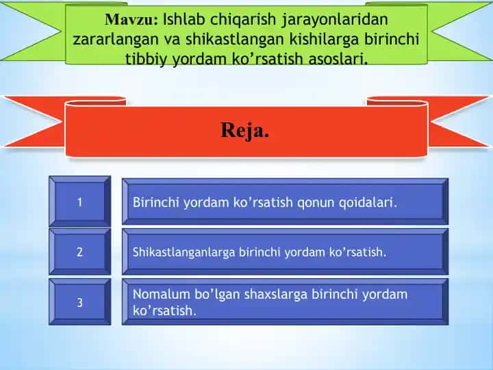 Ishlab chiqarish jarayonlaridan zararlangan va shikastlangan kishilarga birinchi tibbiy yordam ko’rsatish asoslari