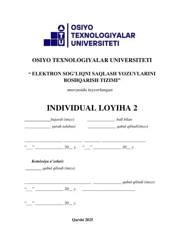 "Elektron Sog'liqni Saqlash Yozuvlarini Boshqarish Tizimi Individual Loyiha 2"