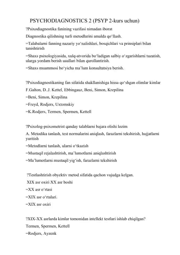 PSYCHODIAGNOSTICS 2 (PSYP 2-kurs uchun)