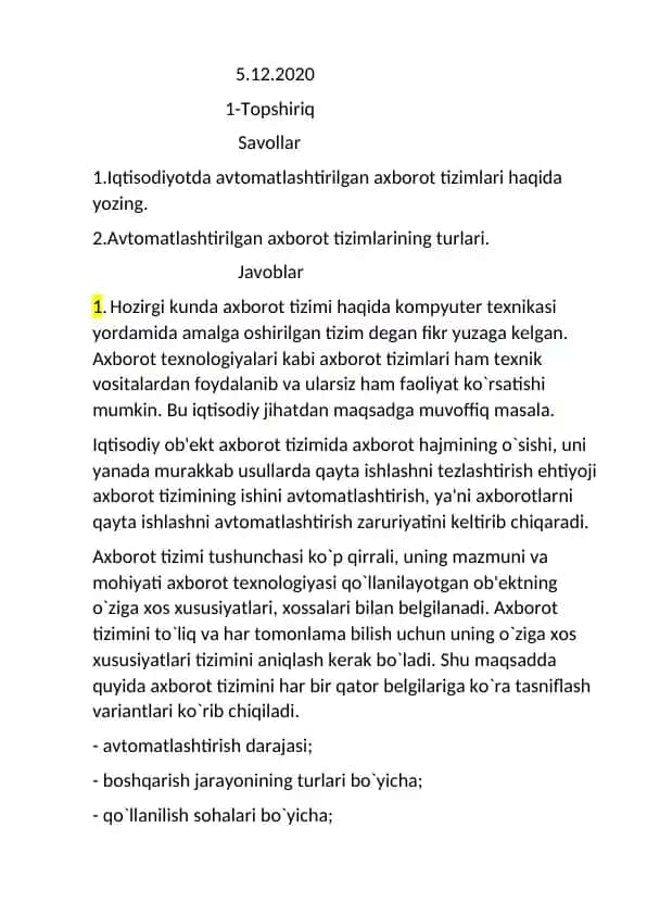Avtomatlashtirilgan axborot tizimlari haqida ma'lumotlar