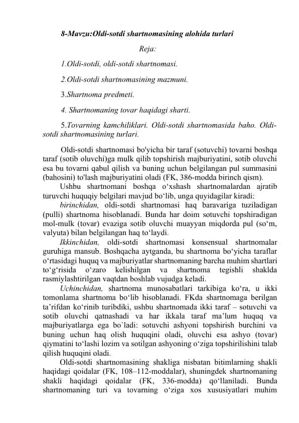 Oldi-sotdi shartnomalarining alohida turlari