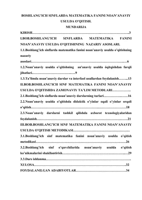 Matematika fanini noan’anaviy usulda o'qitish