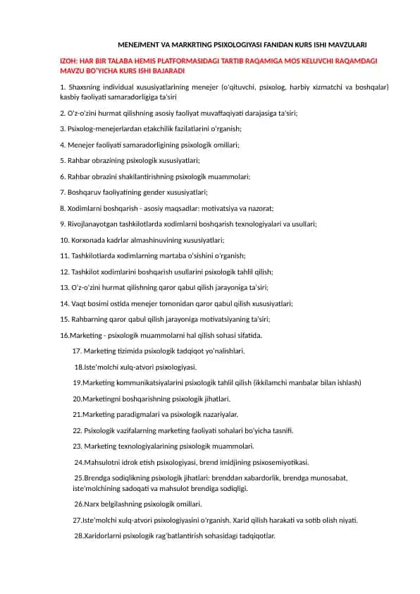 MENEJMENT VA MARKRTING PSIXOLOGIYASI FANIDAN KURS ISHI MAVZULARI