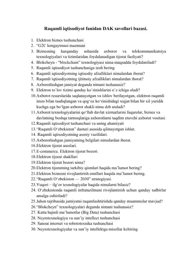 Raqamli iqtisodiyot fanidan DAK savollari bazasi