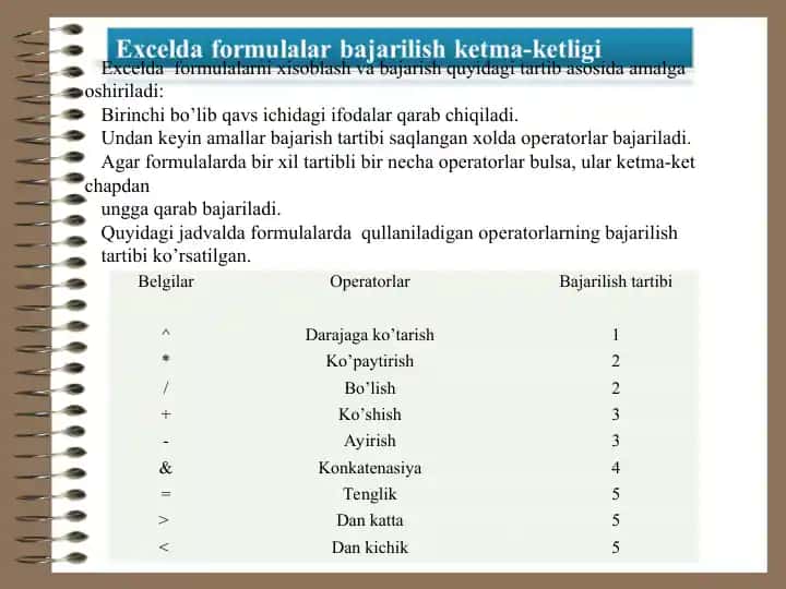 Excelda formulalar bajarilish ketma-ketligi