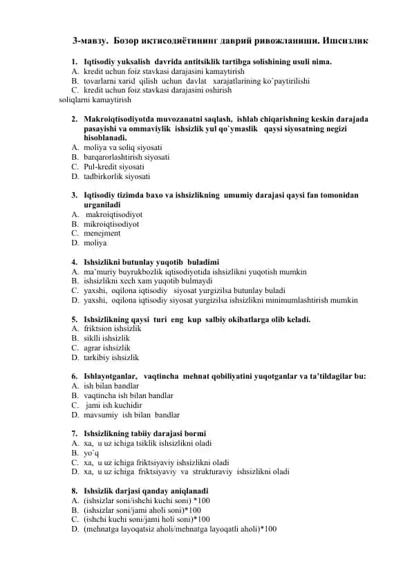 Bozor iqtisodiyotining rivojlanish davri va ishsizlik