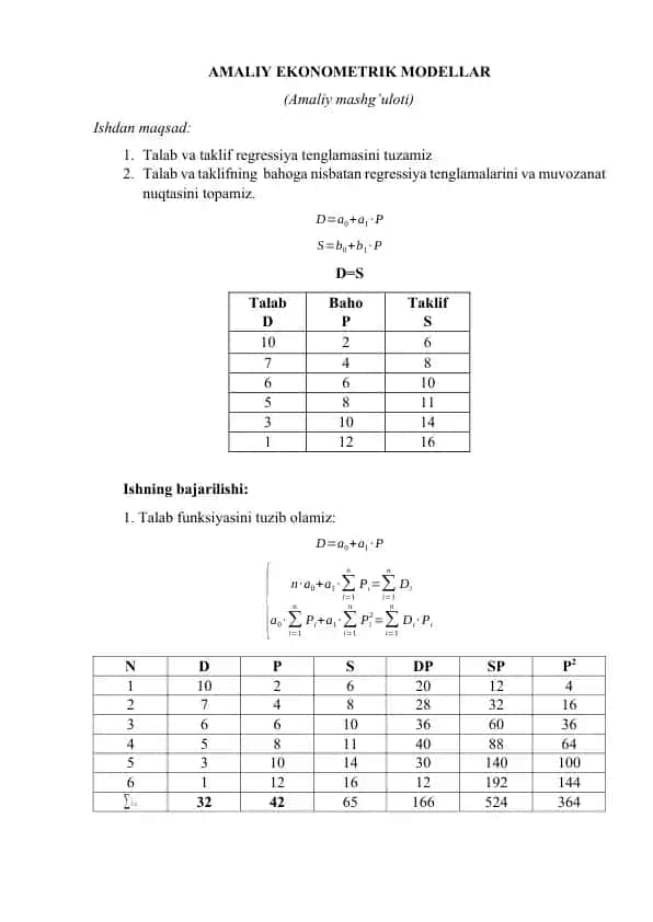 AMALIY EKONOMETRIK MODELLAR (Amaliy mashg’uloti)
