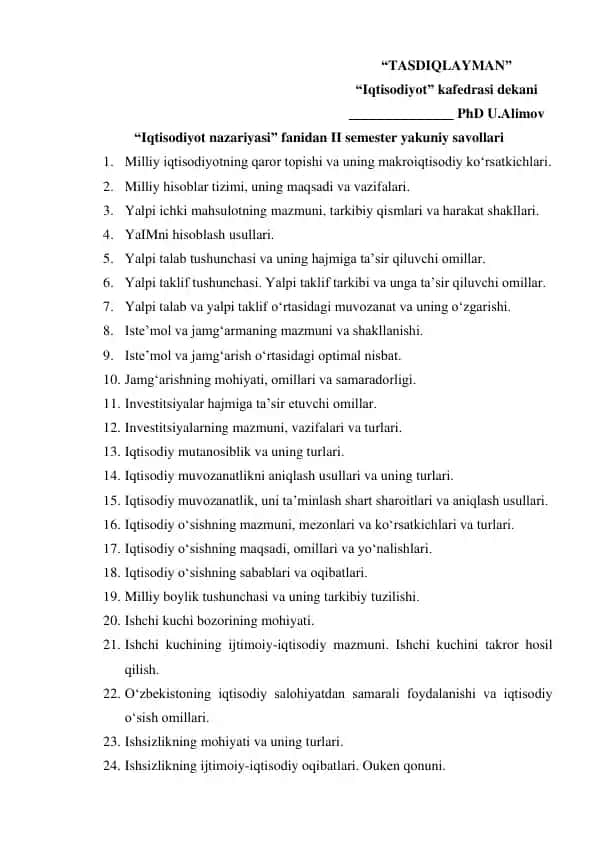 "Iqtisodiyot nazariyasi" fanidan II semester yakuniy savollari