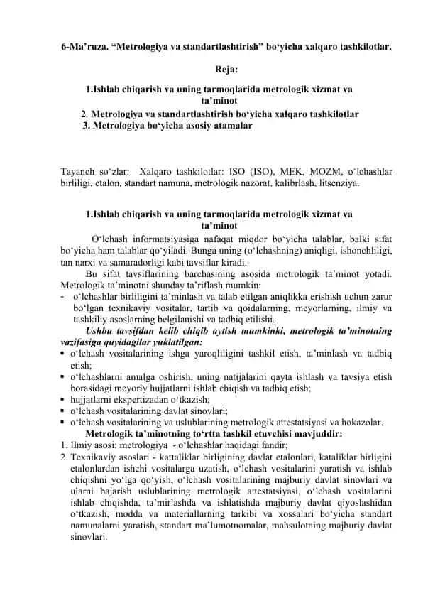 Metrologiya va standartlashtirish bo‘yicha xalqaro tashkilotlar