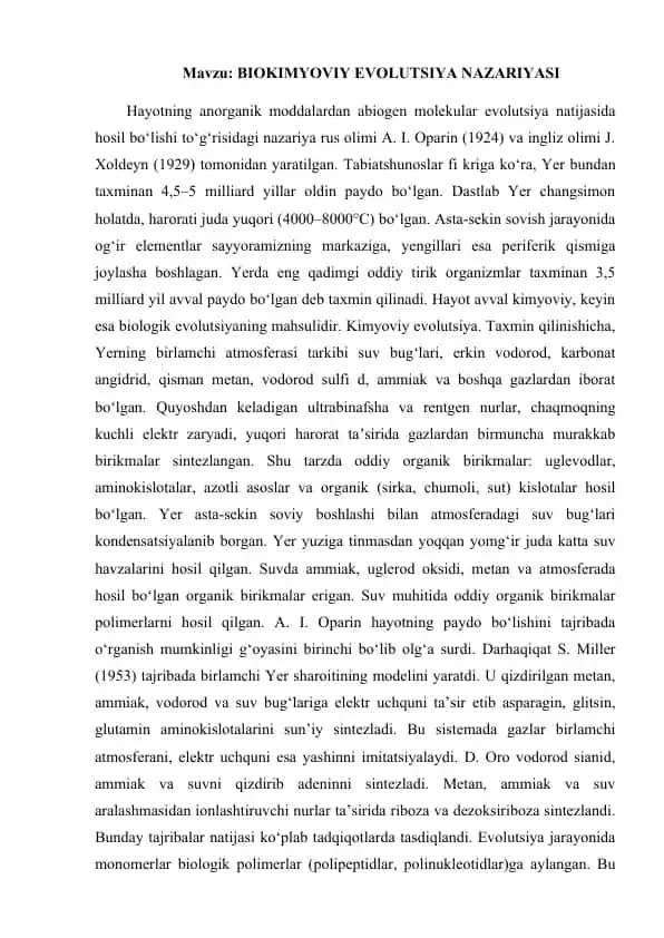 BIOKIMYOVIY EVOLUTSIYA NAZARIYASI
