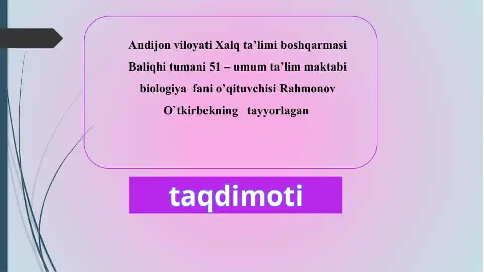 Biologiya fanida "Sutemizuvchilarning xilma-xilligi" mavzusidagi reja