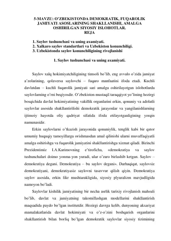 O'zbekistonda Demokratik Fuqarolik Jamiyati Asoslari va Siyosiy Islahotlar