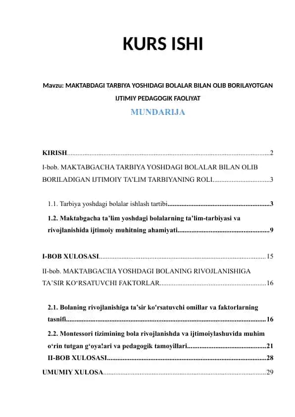 Maktabdagi tarbiya yoshidagi bolalar bilan olib borilayotgan ijtimoiy pedagogik faoliyat