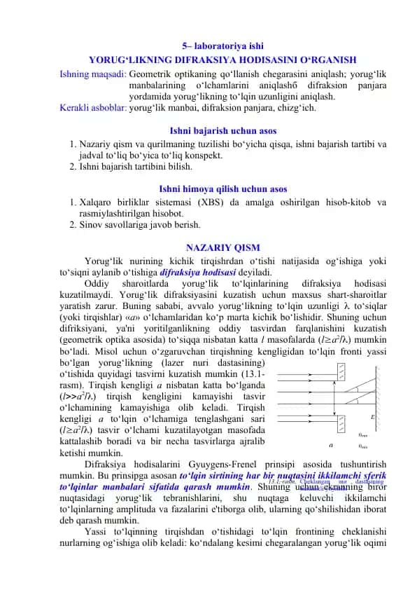 Laboratoriya ish - Yorug‘likning Difraksiya Hodisasini O‘rganish