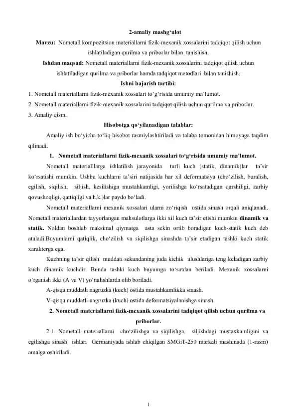Nometall kompozitsion materiallar uchun fizik-mexanik xossalarini tadqiq etish