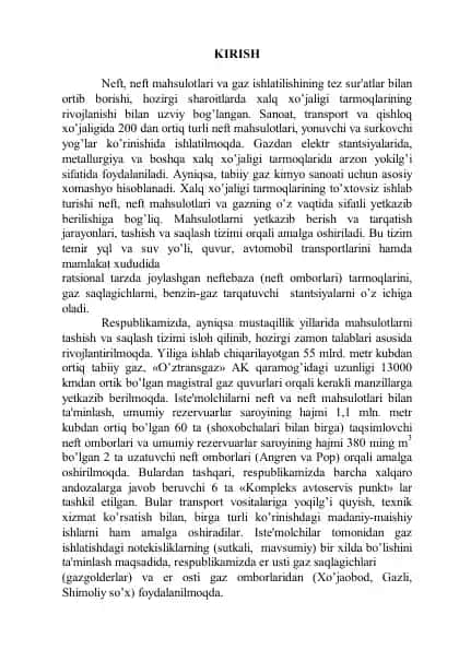 Neft, nеft mahsulotlari va gaz ishlatilishi