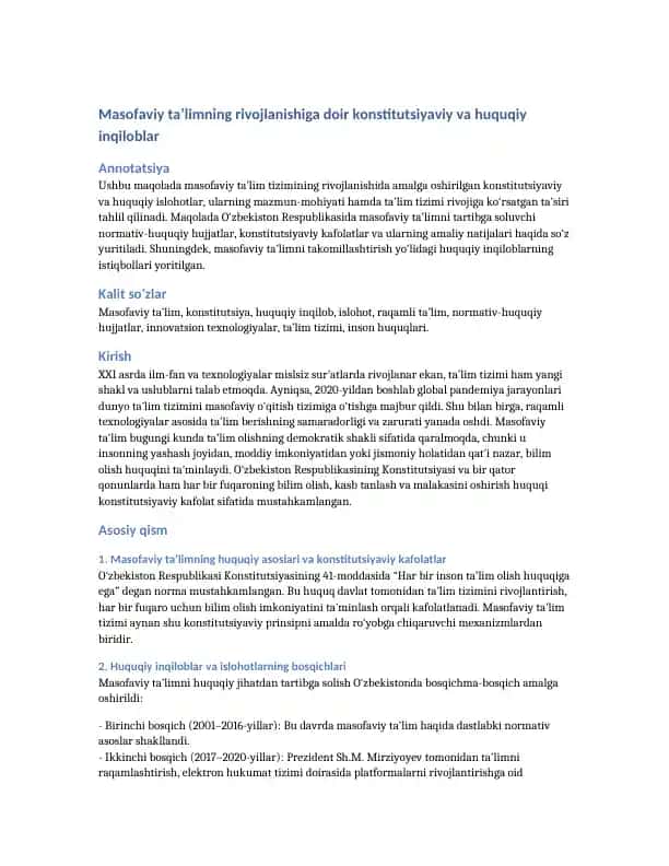 Masofaviy ta’limning rivojlanishiga doir konstitutsiyaviy va huquqiy inqiloblar