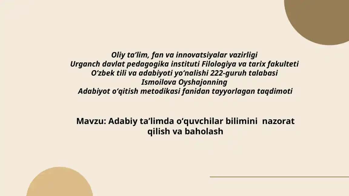 Adabiy taʼlimda oʻquvchilar bilimini nazorat qilish va baholash