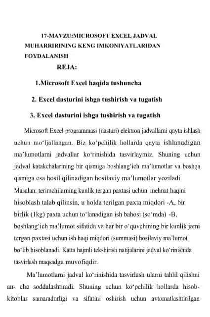 MICROSOFT EXCEL JADVAL