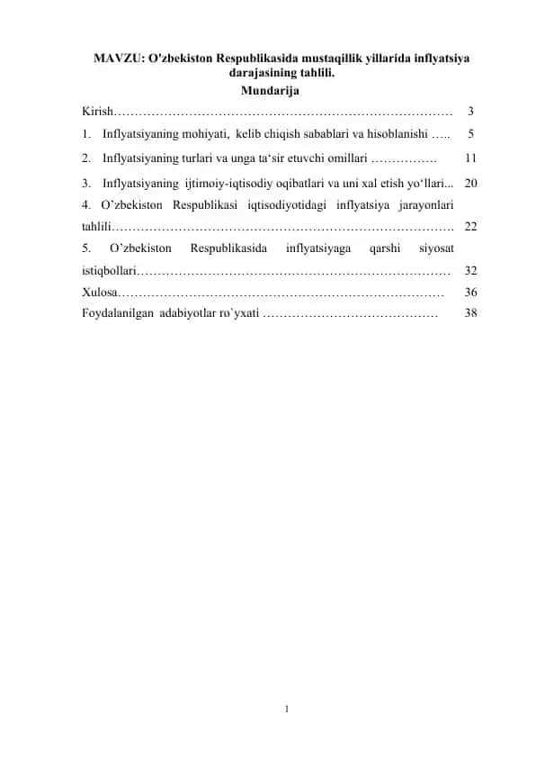 O'zbekiston Respublikasida mustaqillik yillarida inflyatsiya darajasining tahlili.