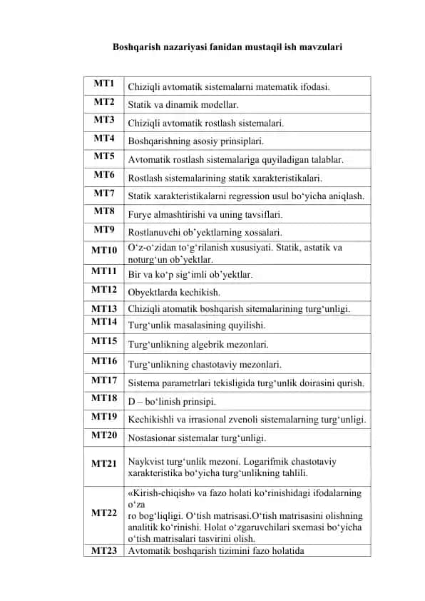 Chiziqli avtomatik sistemalarni matematik ifodasi