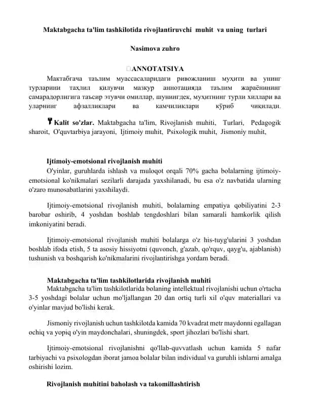 Maktabgacha ta'lim tashkilotida rivojlantiruvchi muhit va uning turlari