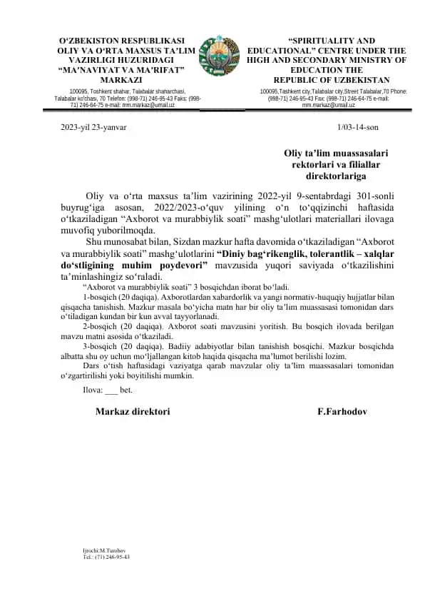 Axborot va murabbiylik soati mashgʻulotlari materiali