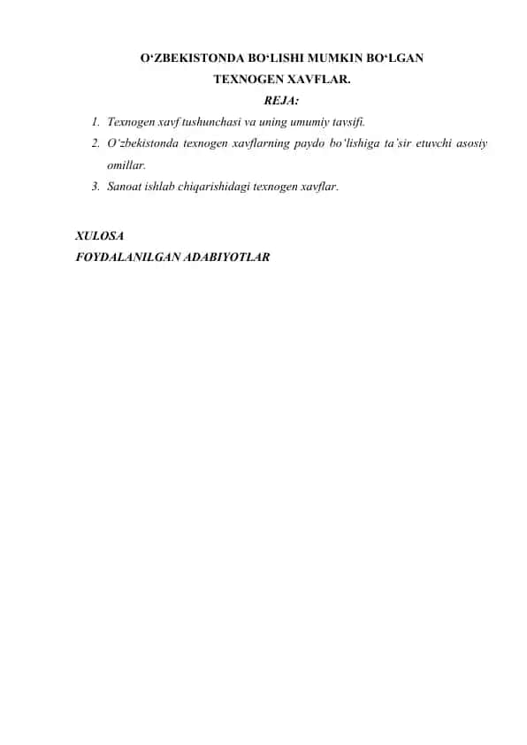 О‘ZBEKISTONDA BО‘LISHI MUMKIN BО‘LGAN TEXNOGEN XAVFLAR.