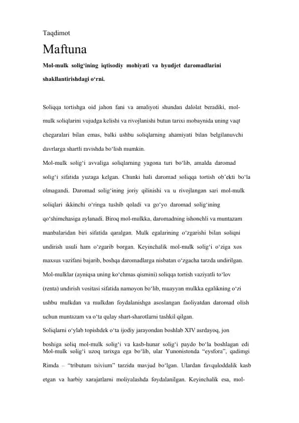 Mol-mulk soliqlarining iqtisodiy mohiyati va byudjet daromadlarini shakllantirish