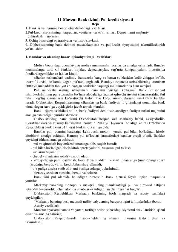 Bank tizimi. Pul-kredit siyosati