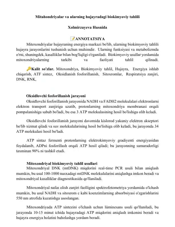 Mitoxondriyalar va ularning hujayradagi biokimyoviy tahlili