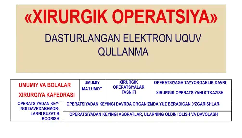 XIRURGIK OPERATSIYA DASTURLANGAN ELEKTRON UQUV QULLANMA