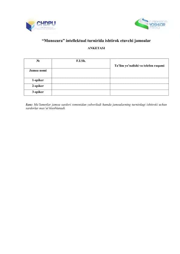 “Munozara” intellektual turnirida ishtirok etuvchi jamoalar ANKETASI