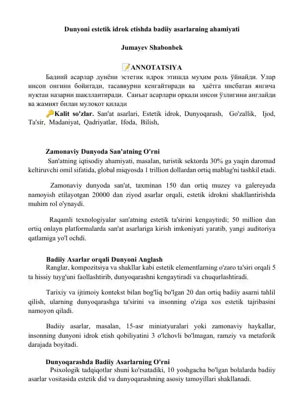 Dunyoni estetik idrok etishda badiiy asarlarning ahamiyati