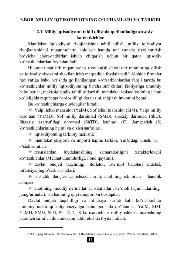 BOB. MILLIY IQTISODIYOTNING O‘LCHAMLARI VA TARKIBI