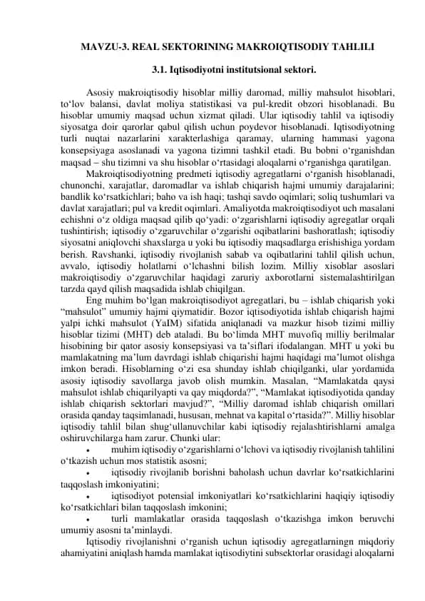 Real sektorining makro-iqtisodiy tahlili