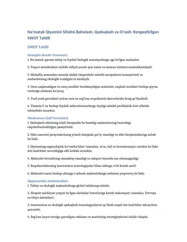 Na'matak Qiyomini Sifatini Baholash, Qadoqlash va O'rash: Kengaytirilgan SWOT Tahlili