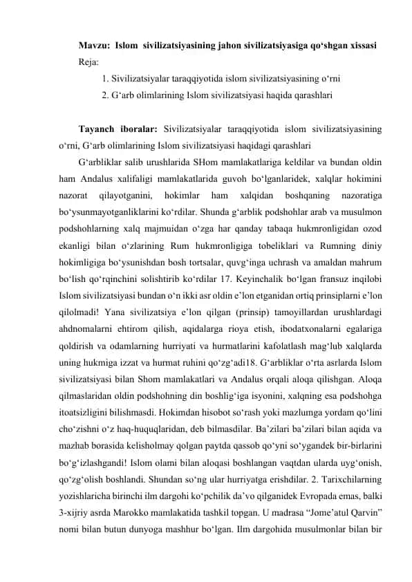Islom sivilizatsiyasining jahon sivilizatsiyasiga qo‘shgan xissasi