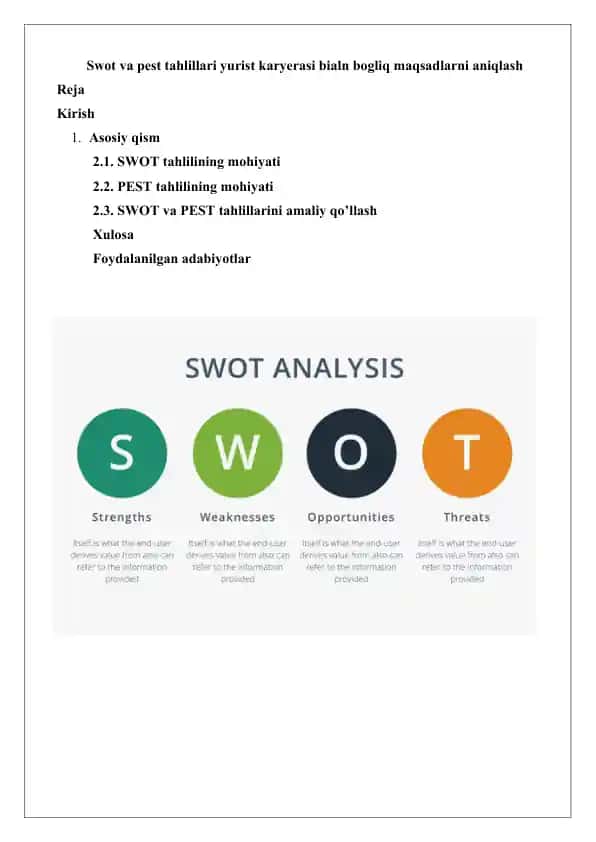 SWOT va PEST tahlillari yurist karyerasi
