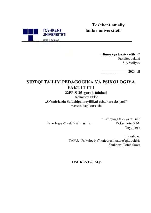 O'smirlarda Suidsidga moyillikni psixokorreksiyasi.