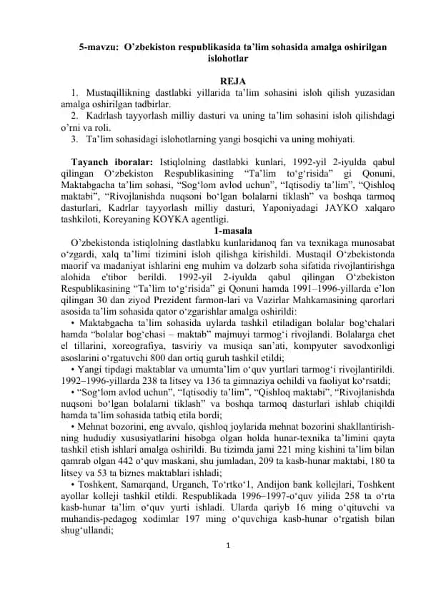 O'zbekiston respublikasida ta'lim sohasida amalga oshirilgan islohotlar