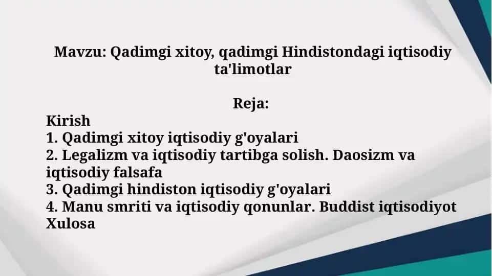 Qadimgi xitoy, qadimgi Hindistondagi iqtisodiy ta'limotlar