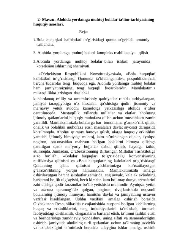 Alohida yordamga muhtoj bolalar ta’lim-tarbiyasining huquqiy asoslari