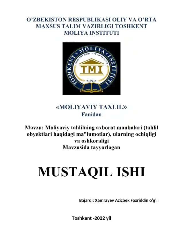 Moliyaviy tahlil fanidan MUSTAQIL ISH