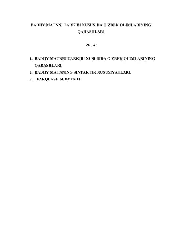 BADIIY MATNNI TARKIBI XUSUSIDA O'ZBEK OLIMLARINING QARASHLARI